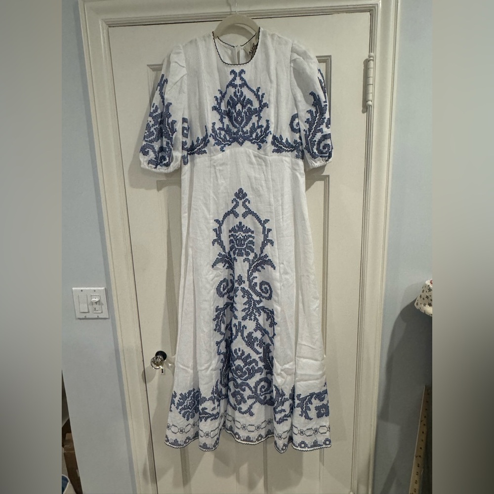 Alemais White and Blue Embroidered Midi Dress